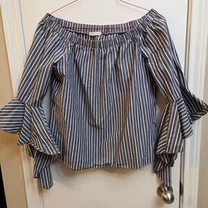 Pebble and Stone Off Shoulder Striped Bell Sleeve Blouse Top Medium